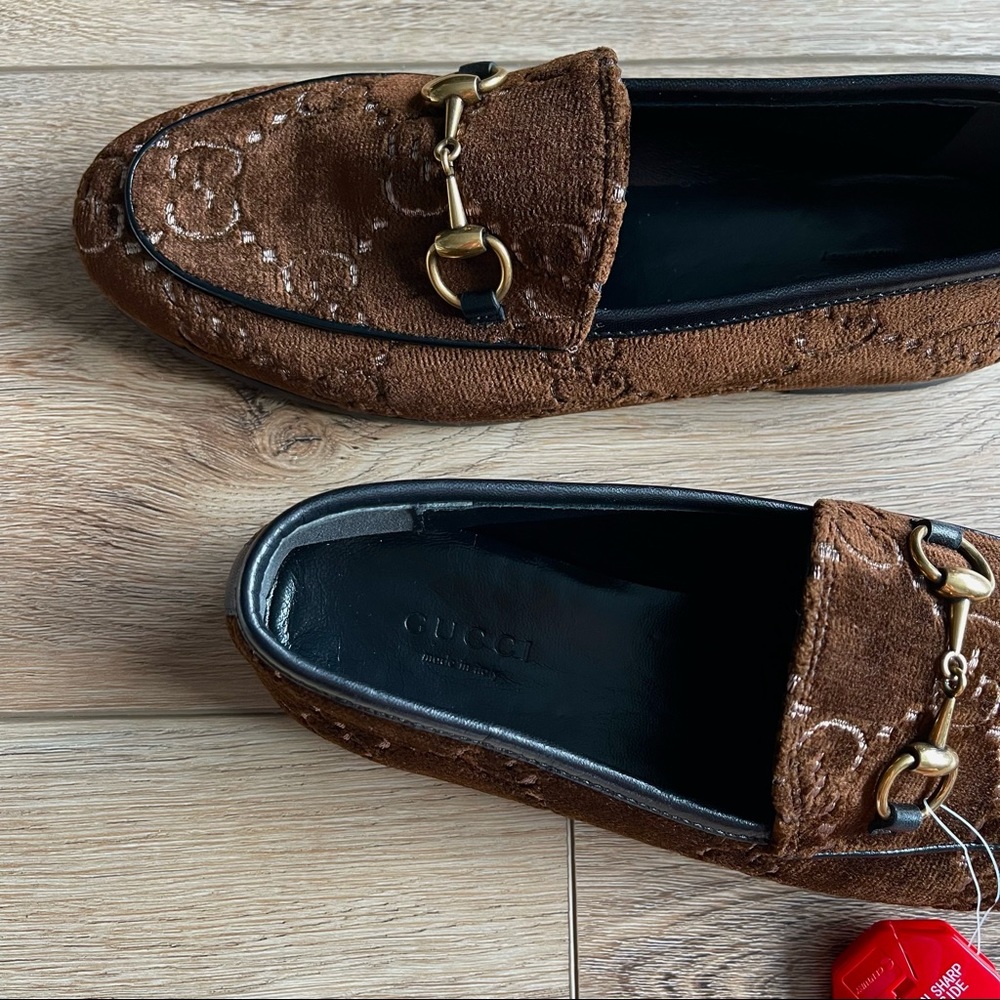 Gucci Women's Brown Jordaan GG Monogram Velvet Horsebit Loafer Shoes NEW - Picture 7 of 17